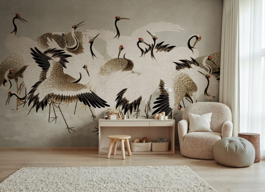 Rebel Walls R20904 Eden Escape Dancing Cranes Beige - mural w tańczące żurawie