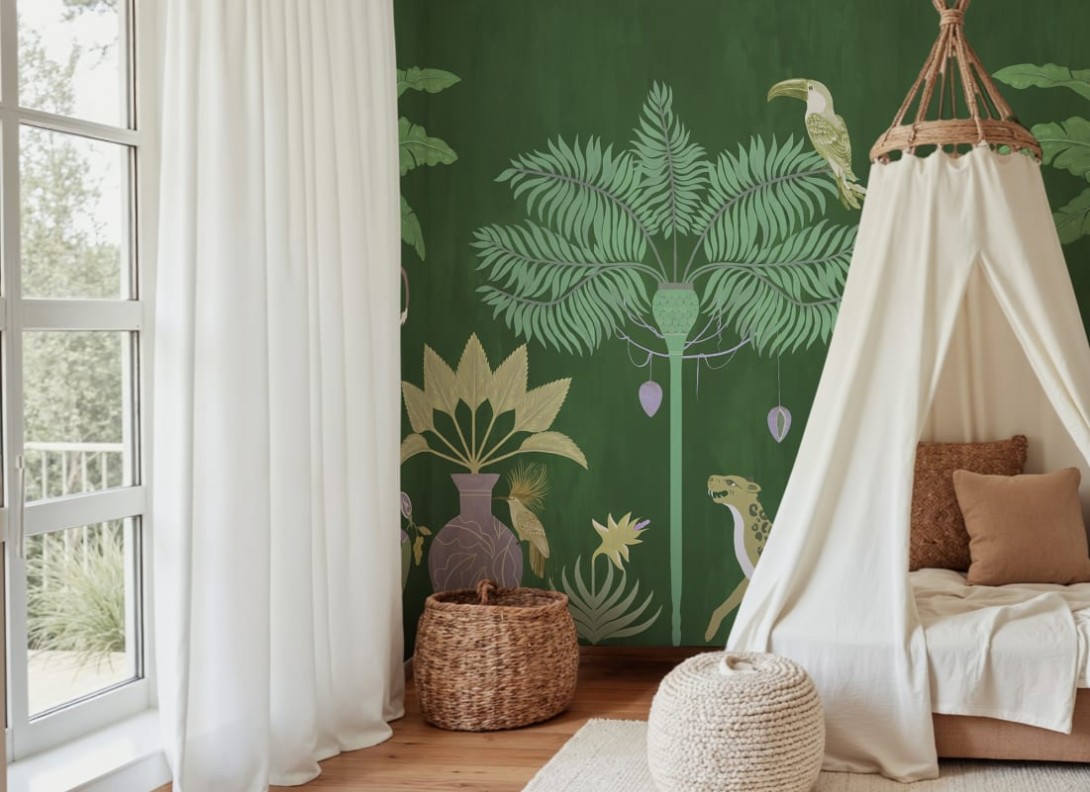 Rebel Walls R21471 Eden Escape Savanna Chic Green - mural w egzotyczne zwierzęta i rośliny