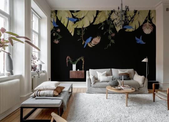 Rebel Walls R21464 Eden Escape Birds in the Trees Black - mural w baldachim z liści i ptaków