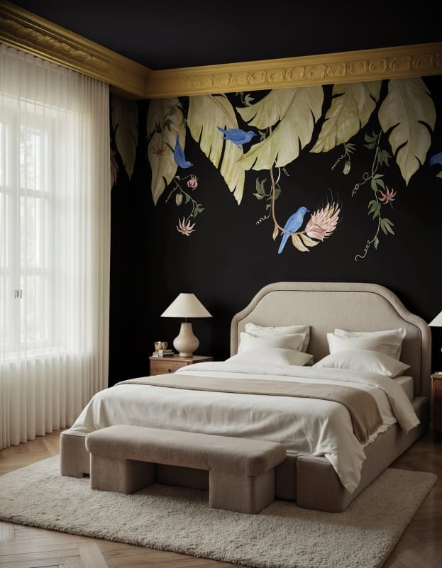 Rebel Walls R21464 Eden Escape Birds in the Trees Black - mural w baldachim z liści i ptaków