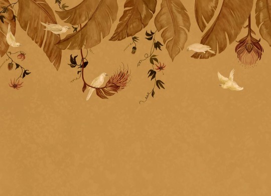 Rebel Walls R21465 Eden Escape Birds in the Trees Orange - mural w baldachim z liści i ptaków