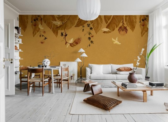 Rebel Walls R21465 Eden Escape Birds in the Trees Orange - mural w baldachim z liści i ptaków