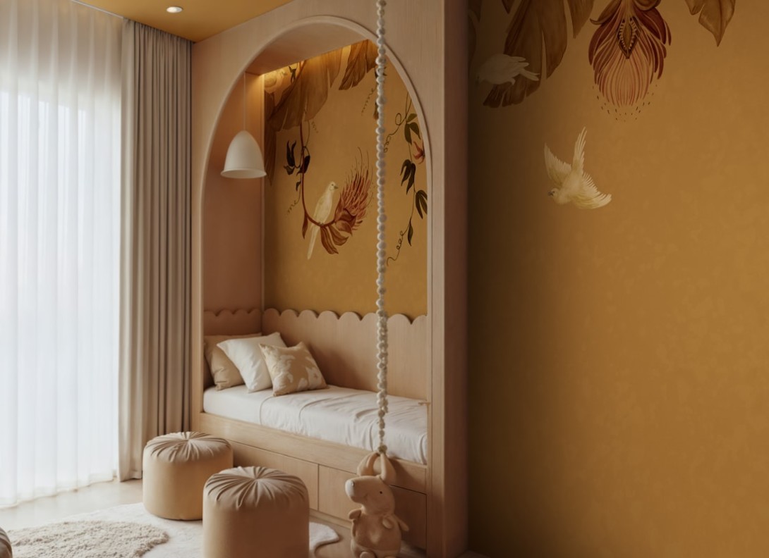 Rebel Walls R21465 Eden Escape Birds in the Trees Orange - mural w baldachim z liści i ptaków