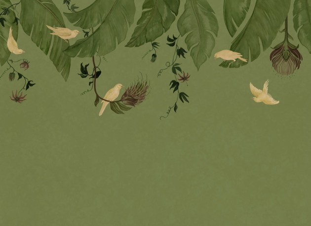 Rebel Walls R21466 Eden Escape Birds in the Trees Green - mural w baldachim z liści i ptaków