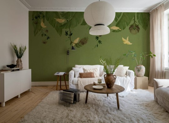 Rebel Walls R21466 Eden Escape Birds in the Trees Green - mural w baldachim z liści i ptaków