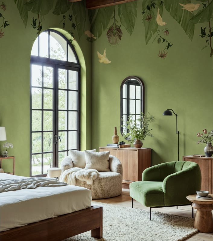 Rebel Walls R21466 Eden Escape Birds in the Trees Green - mural w baldachim z liści i ptaków