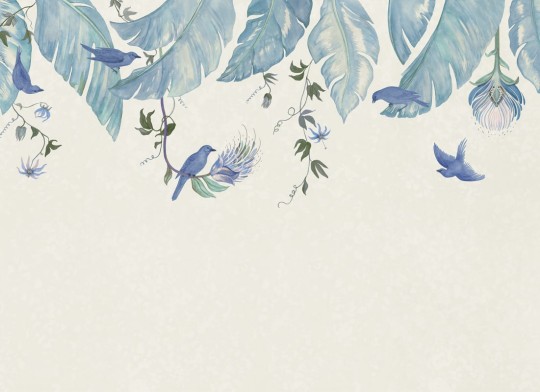 Rebel Walls R21467 Eden Escape Birds in the Trees Blue - mural w baldachim z liści i ptaków