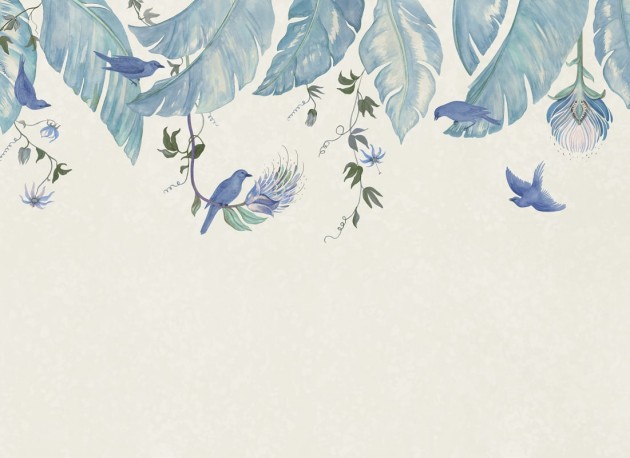 Rebel Walls R21467 Eden Escape Birds in the Trees Blue - mural w baldachim z liści i ptaków