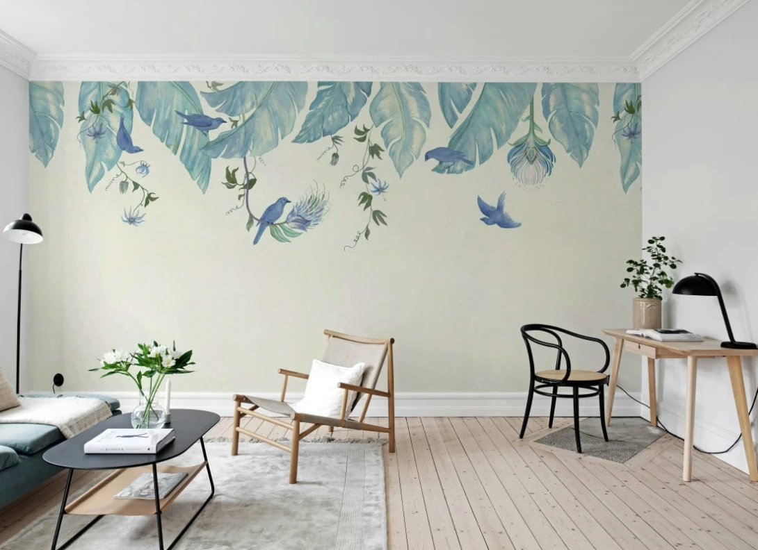 Rebel Walls R21467 Eden Escape Birds in the Trees Blue - mural w baldachim z liści i ptaków