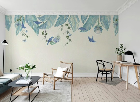 Rebel Walls R21467 Eden Escape Birds in the Trees Blue - mural w baldachim z liści i ptaków