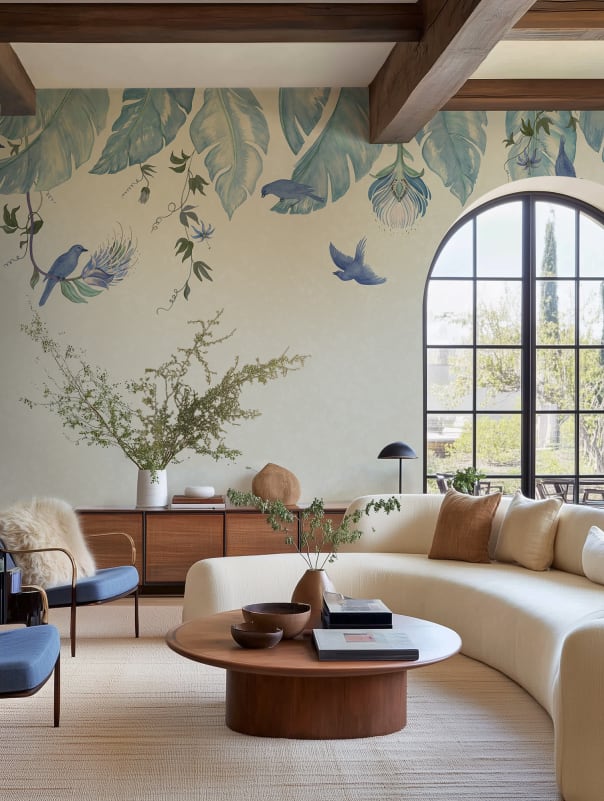 Rebel Walls R21467 Eden Escape Birds in the Trees Blue - mural w baldachim z liści i ptaków