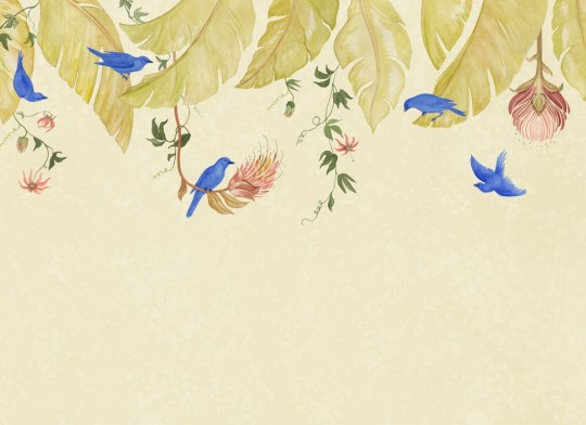 Rebel Walls R21468 Eden Escape Birds in the Trees Beige - mural w baldachim z liści i ptaków