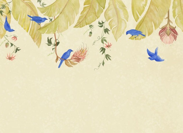 Rebel Walls R21468 Eden Escape Birds in the Trees Beige - mural w baldachim z liści i ptaków