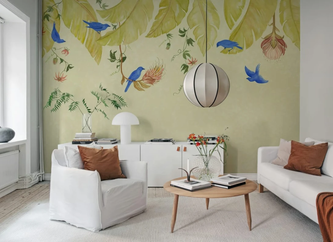 Rebel Walls R21468 Eden Escape Birds in the Trees Beige - mural w baldachim z liści i ptaków