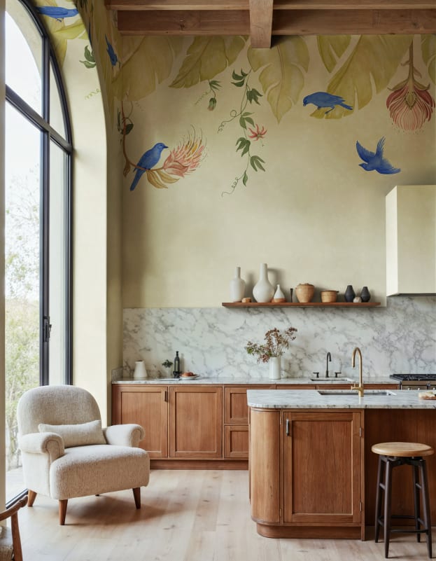 Rebel Walls R21468 Eden Escape Birds in the Trees Beige - mural w baldachim z liści i ptaków