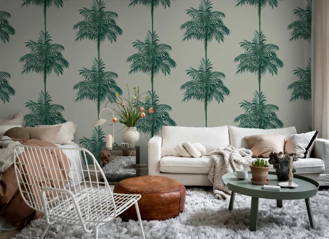 Rebel Walls R21454 Eden Escape Palm Stripes Blue - mural w paski i palmy