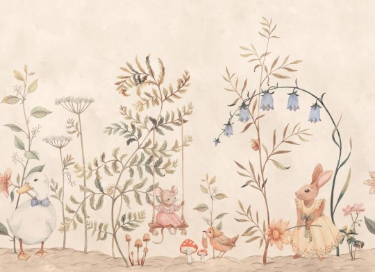 Sandberg S10592 Familjen Vilhelmina Beige – mural łąka z bajkowymi zwierzątkami