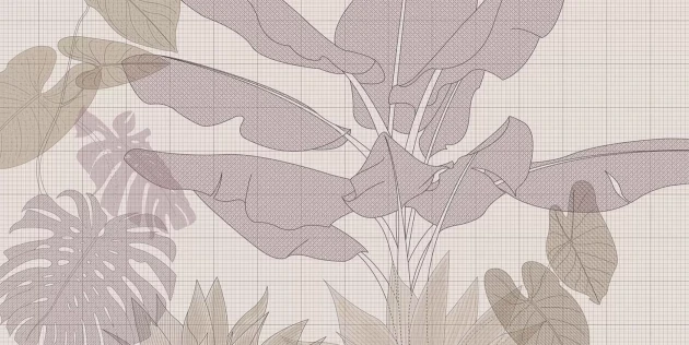 Tecnografica 77266-2 Collaborations Massimo Iosa Ghini Digital Jungle Cream - mural w tropikalne rośliny i kratkę