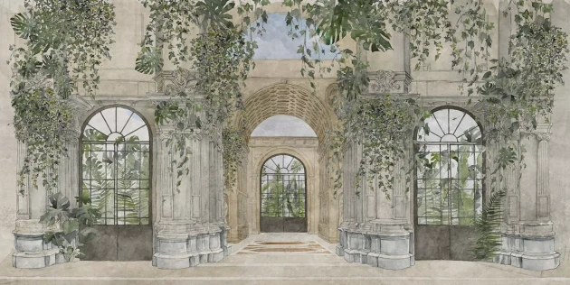 Tecnografica 84059-1 Architectures Buen Retiro Olive - mural z motywem kamienicy