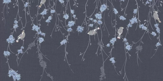 Tecnografica 70822-1 Bioliving Waxwing Blue - mural w ptaki i gałązki na te imitującym tkaninę
