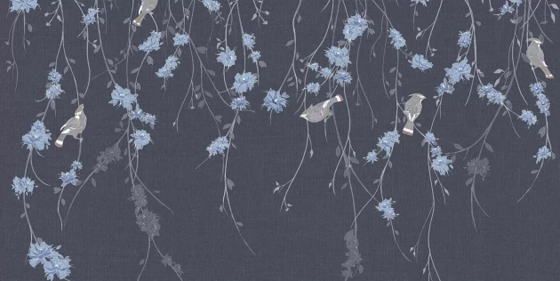 Tecnografica 70822-1 Bioliving Waxwing Blue - mural w ptaki i gałązki na te imitującym tkaninę