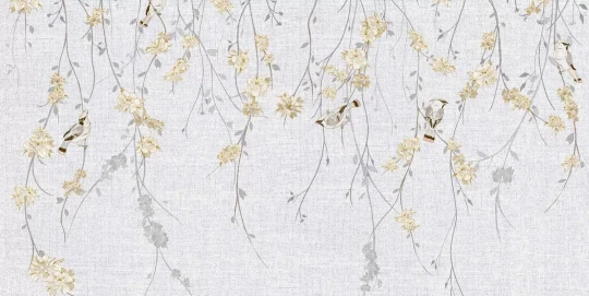 Tecnografica 70822-2 Bioliving Waxwing White - mural w ptaki i gałązki na te imitującym tkaninę