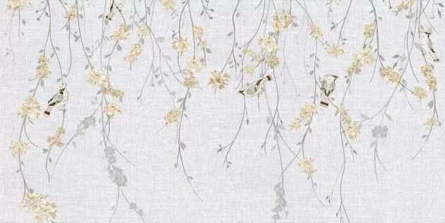 Tecnografica 70822-2 Bioliving Waxwing White - mural w ptaki i gałązki na te imitującym tkaninę