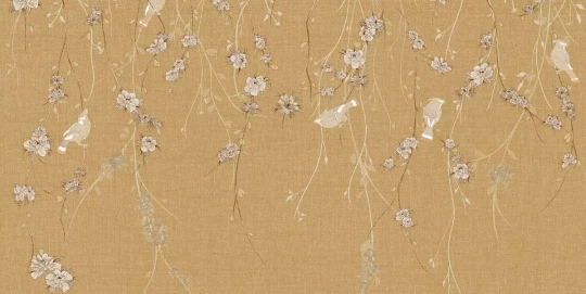 Tecnografica 70822-3 Bioliving Waxwing Mustard - mural w ptaki i gałązki na te imitującym tkaninę