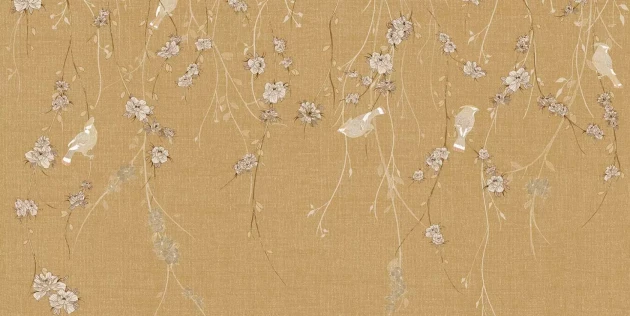 Tecnografica 70822-3 Bioliving Waxwing Mustard - mural w ptaki i gałązki na te imitującym tkaninę