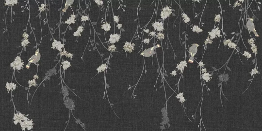 Tecnografica 70822-4 Bioliving Waxwing Anthracite - mural w ptaki i gałązki na te imitującym tkaninę
