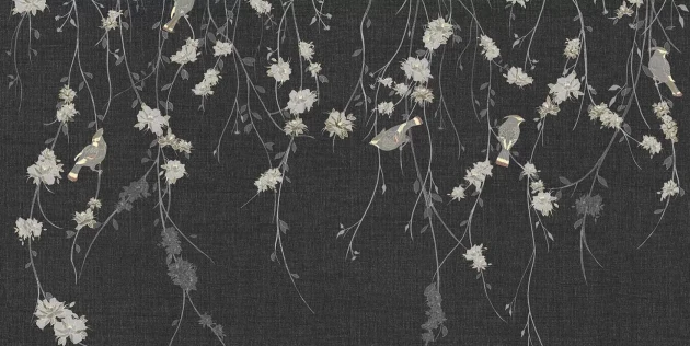 Tecnografica 70822-4 Bioliving Waxwing Anthracite - mural w ptaki i gałązki na te imitującym tkaninę
