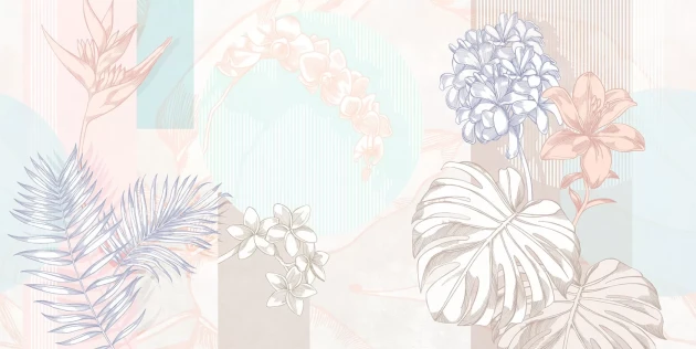 Tecnografica 83608-2 Bioliving Kauai Flowers Grey - mural w rośliny i geometryczne figury