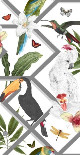 Graham & Brown 107603 Explorer - tapeta w papugi i tukany na geometrycznym tle