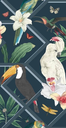Graham & Brown 107605 Explorer - tapeta w papugi i tukany na geometrycznym tle