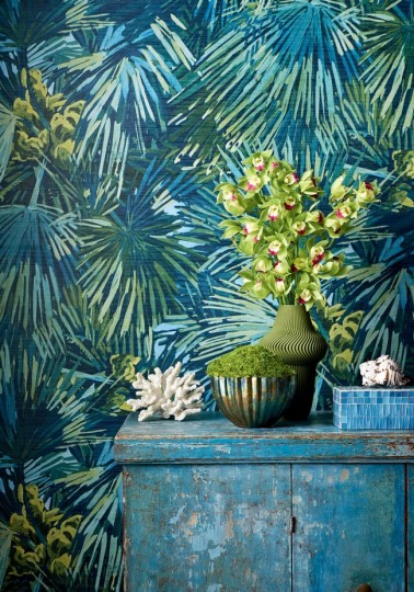 Thibaut T34099 Texture Resource 9 Palmier Spa Blue - tapeta w liście palm