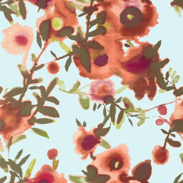 Thibaut T13086 Summer House Open Spaces Aqua and Coral - tapeta w akwarelowy wzór