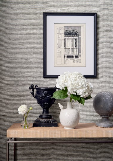 Thibaut T19698 Grasscloth Resource 6 Edward's Paper Metallic Silver - pleciona tapeta w prążki