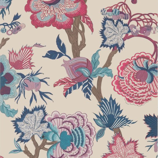 Thibaut T36419 Indienne Jacobean Raspberry and Blue on Natural - tapeta we wzór jakobiński