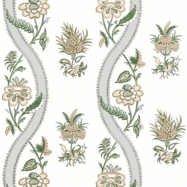 Thibaut T36421 Indienne Ribbon Floral Green - tapeta w kwiaty i fale