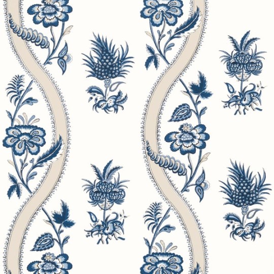Thibaut T36423 Indienne Ribbon Floral Beige and Spa Blue - tapeta w kwiaty i fale