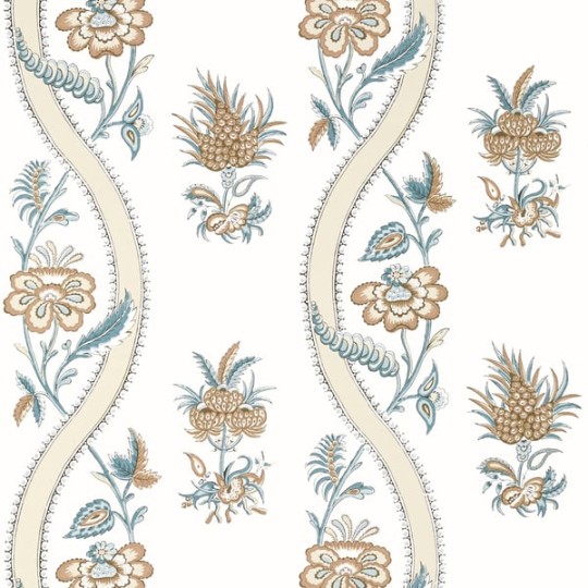 Thibaut T36425 Indienne Ribbon Floral Beige and Spa Blue - tapeta w kwiaty i fale