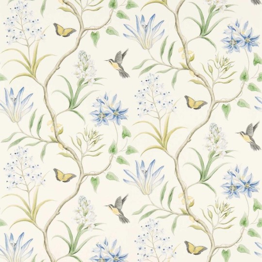 Sanderson DVOY213389 Curios Clementine Delft Blue - tapeta w tropikalne kwiaty i kolibry