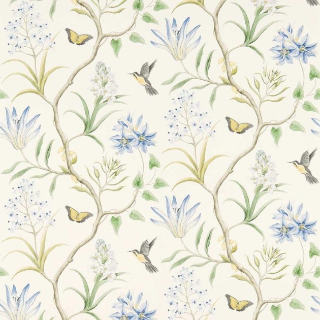 Sanderson DVOY213389 Curios Clementine Delft Blue - tapeta w tropikalne kwiaty i kolibry