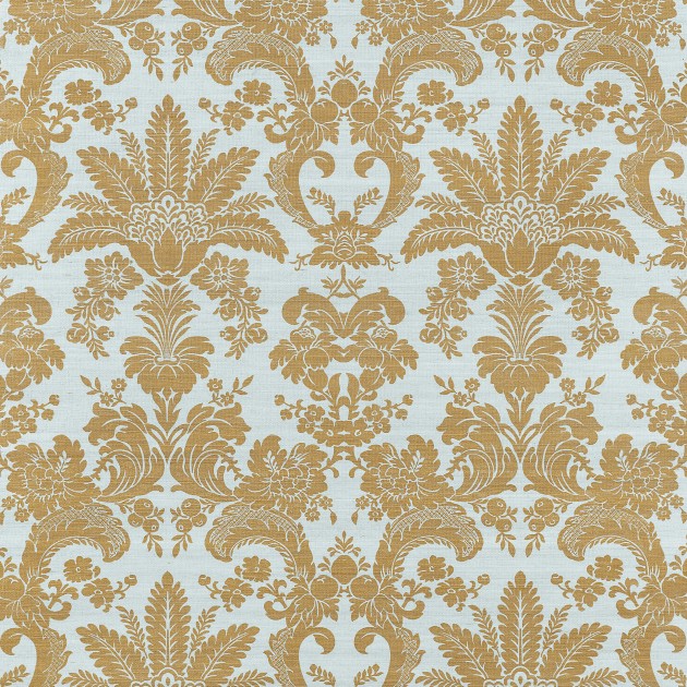 Thibaut T3629 Grasscloth Resource 2 West Indies Damask Metallic Gold on Aqua - tapeta z sizalu w ornamenty roślinne