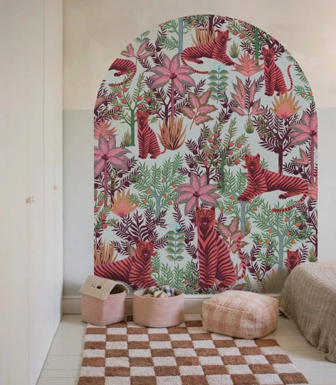 Wallcolors ARCH-9314 Arch Gold Tigers Pink - mural łuk w tygrysy