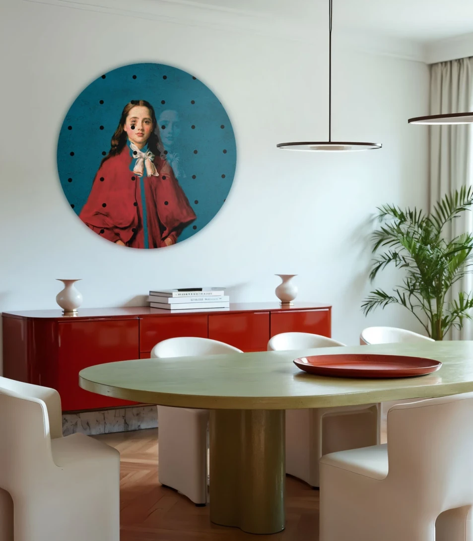 Wallcolors DOT-9291 Dots Girl in red - okrągły mural w dziewczynkę w czerwonym płaszczu i kropki