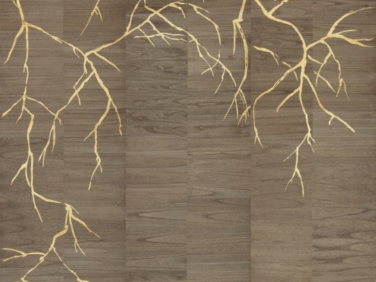 Omexco LAN271 Light at Night - mural z forniru drewnianego w metaliczne drzewo