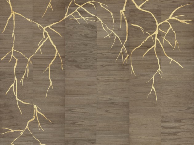 Omexco LAN271 Light at Night - mural z forniru drewnianego w metaliczne drzewo