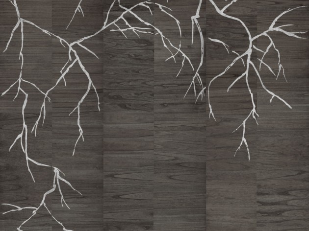 Omexco LAN272 Light at Night - mural z forniru drewnianego w metaliczne drzewo