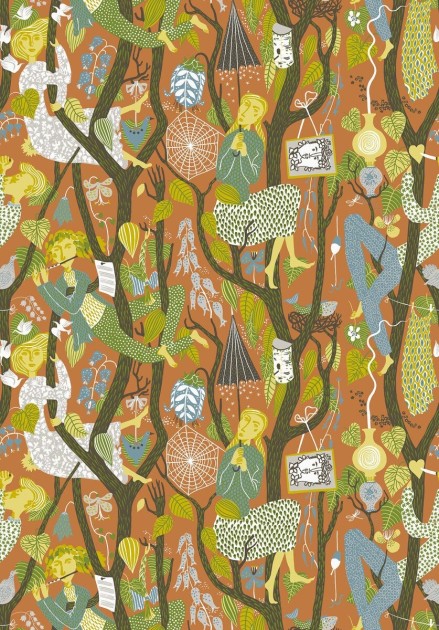 Boras Tapeter 1755 Scandinavian Designers Stig Lindberg Melodi - tapeta w drzewa i postacie